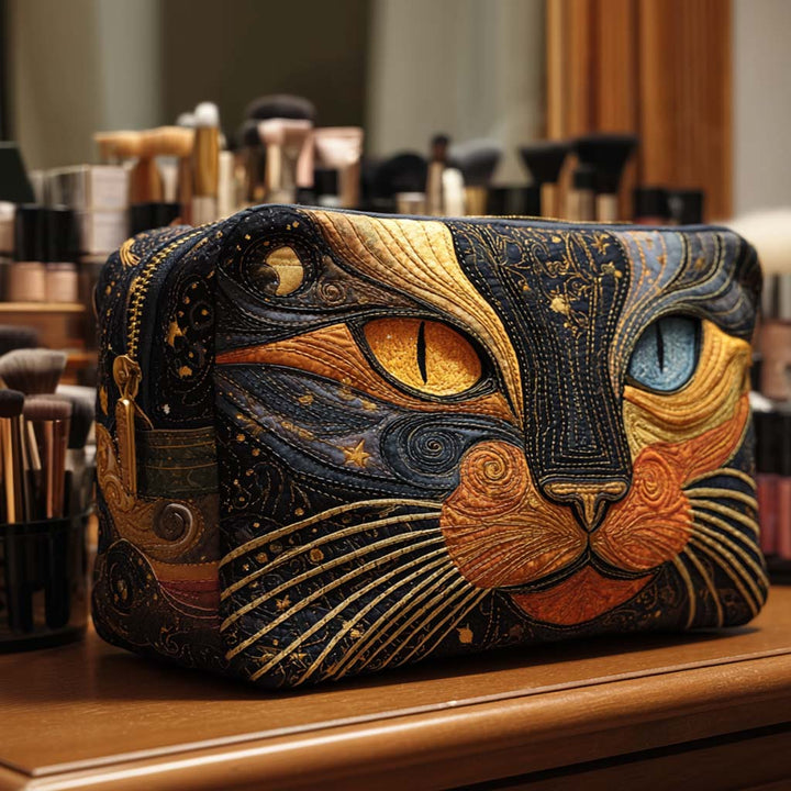 Elegant Feline Quilted Makeup Bag